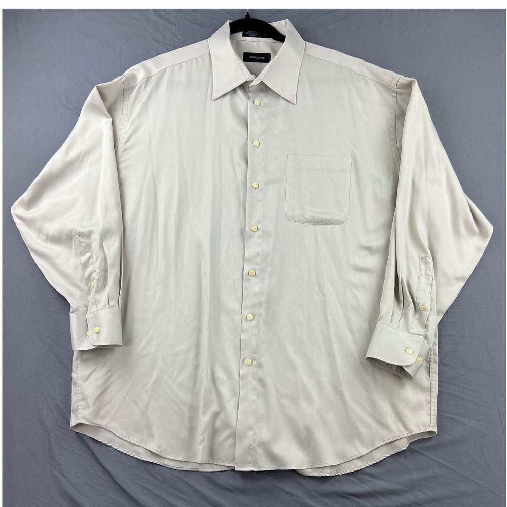 Claiborne Dress Shirt Mens 18.5 34/35 Beige Tan Long Sleeve Button Down Good